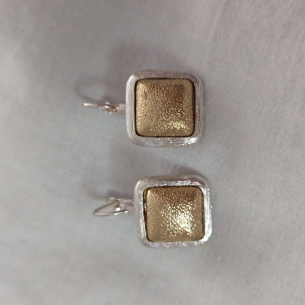 Monet Earrings Vintage Signed Gold and Silver tone textured lever back hoop
